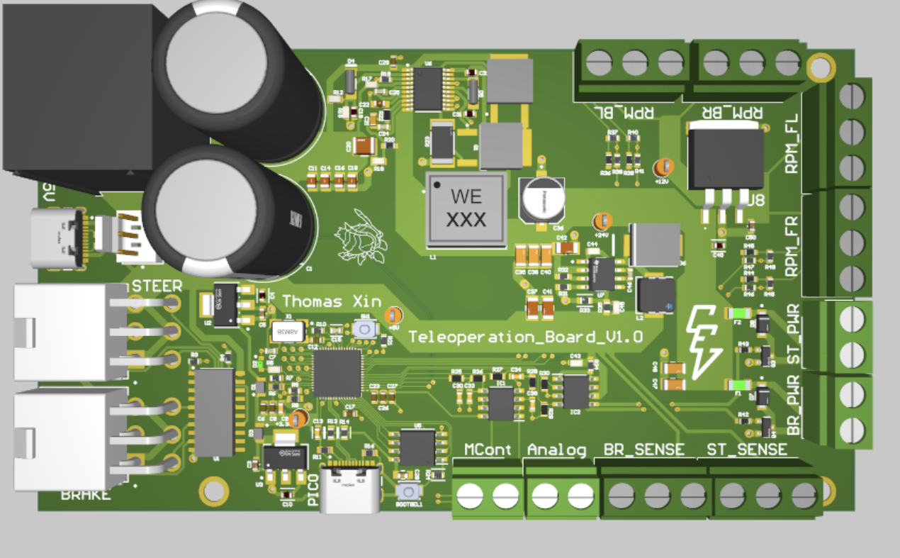 3D render of the teleoperation board: a green PCB with large input capacitors, screw-terminal connectors along the edges, and an RP2040 at the centre.